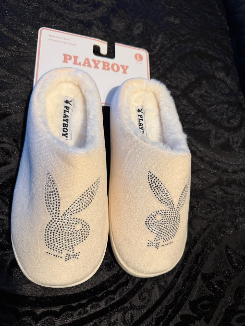 PLAYBOY Cream Rhinestone Bunny Slip-Ons